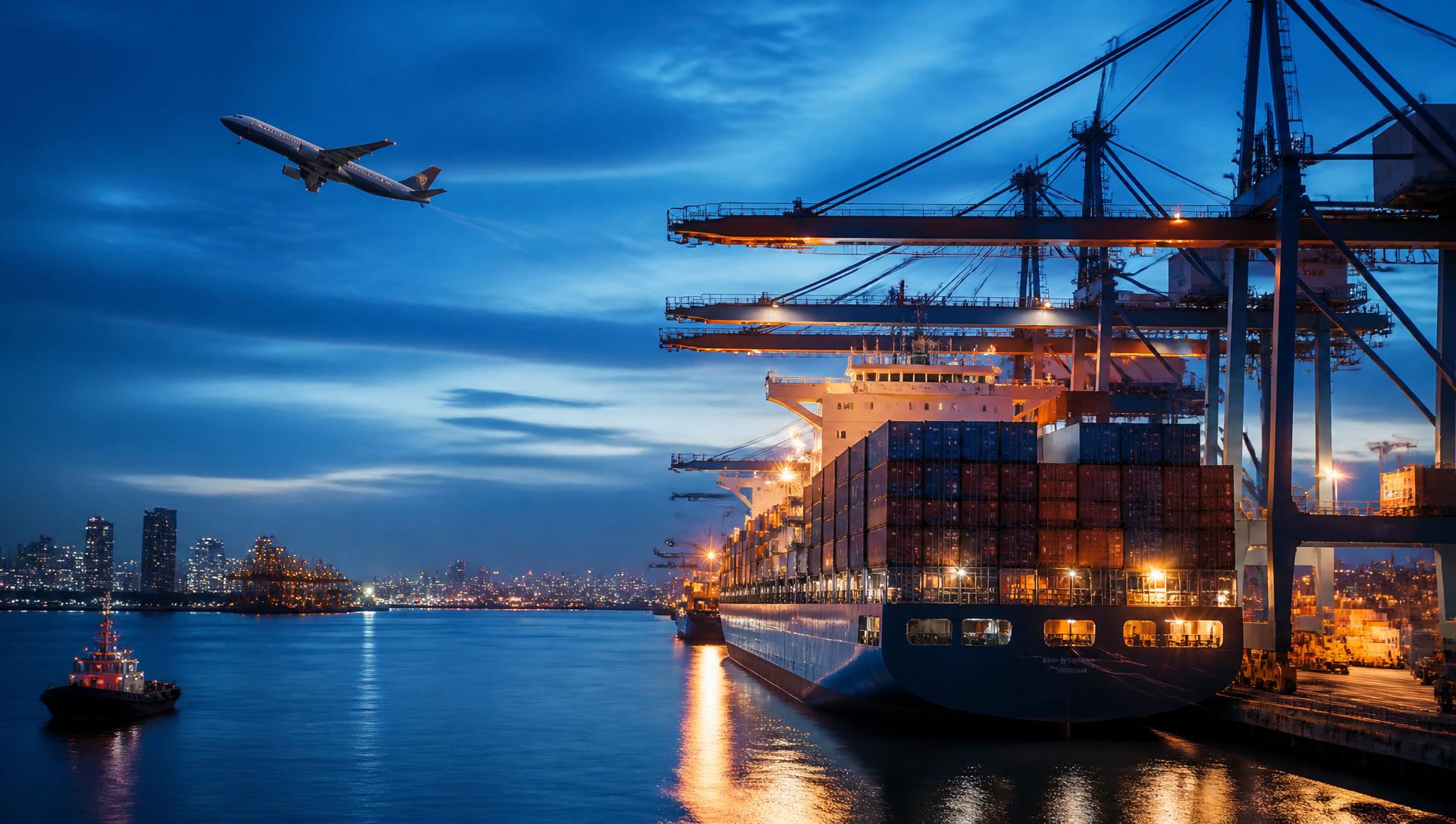 Container ship being loaded at an international port at dusk